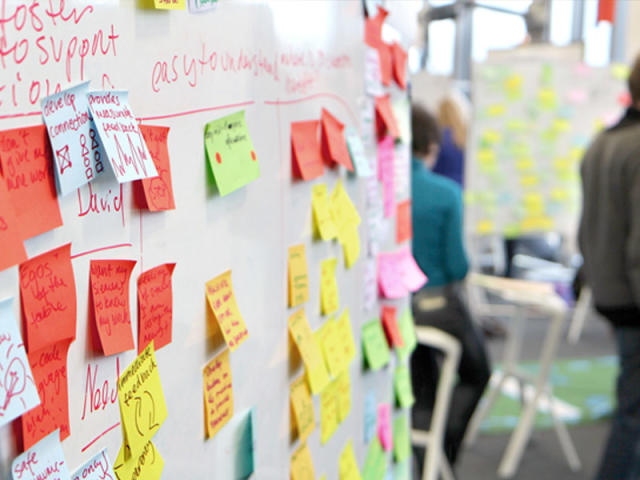 A series of whiteboards covered in post-it notes