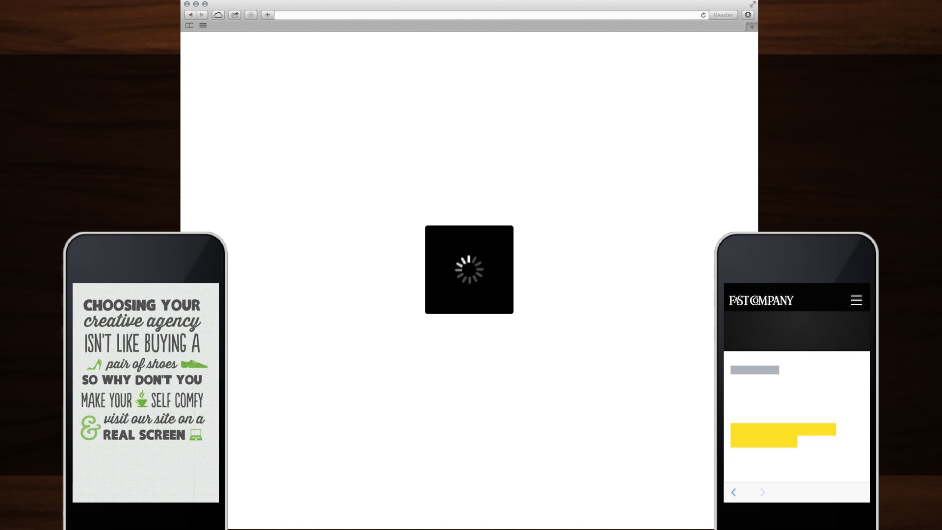 Screenshots of three browser windows, one explaining that the site should be visited on a “real screen,” one showing only a loading spinner, and one showing fastcompany.com with a layout but no visible text