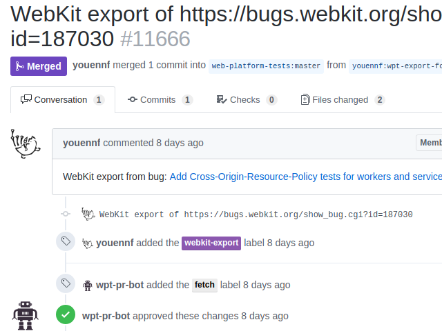 Screenshot of a successful export of tests from WebKit to WPT.
