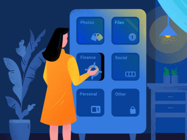 Ilustration of a woman seen from behind while she opens a safe's door that reads 'finance'. The safe gas other doors for photos, files, social, personal and other.